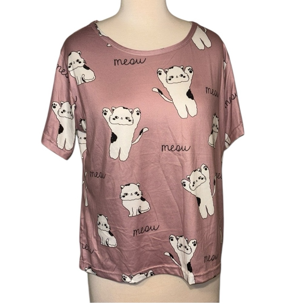 Pink Cat Print Short Sleeve Tee